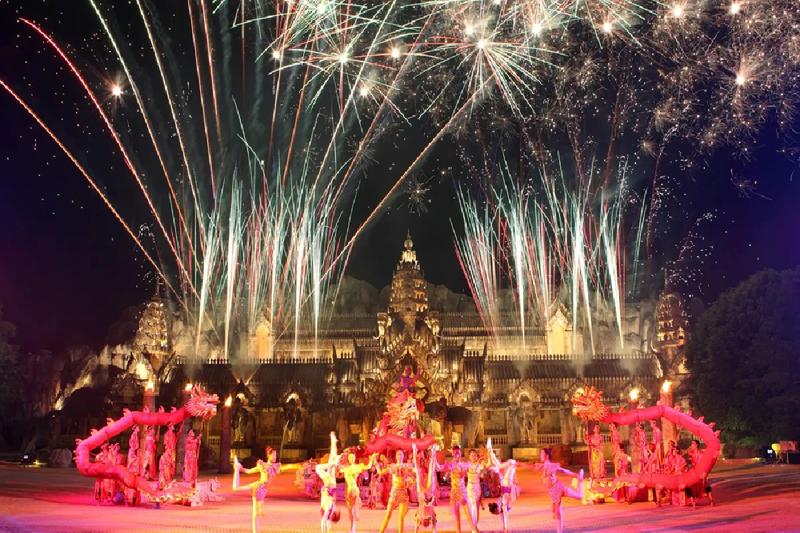 A dazzling fireworks display over the Phuket Fantasea theater during a grand performance.