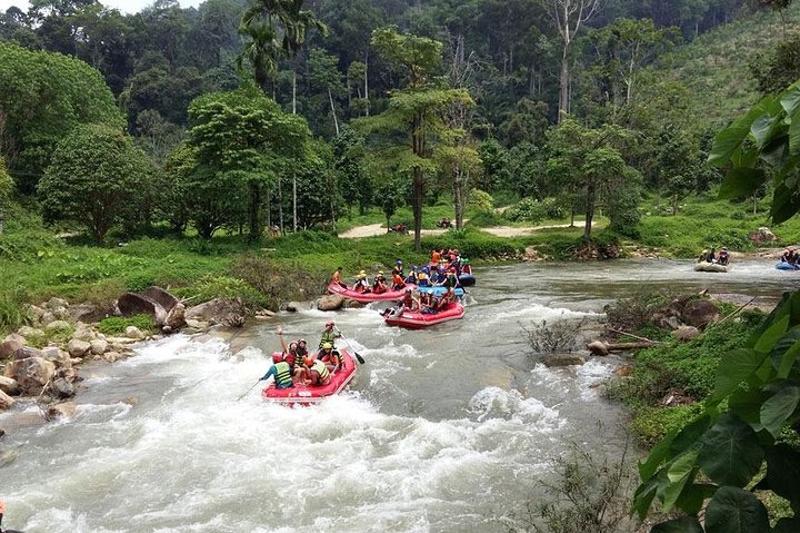 Group of people rafting on fast-moving river in tropical rainforest.